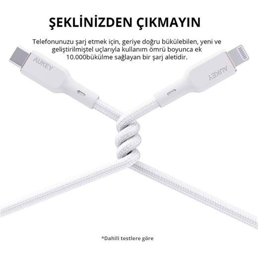 AUKEY CB-NCL1-WH NAYLON ÖRGÜLÜ 3A 480MBPS TYPE-C LIGHTNING KABLOSU 1.8MT 